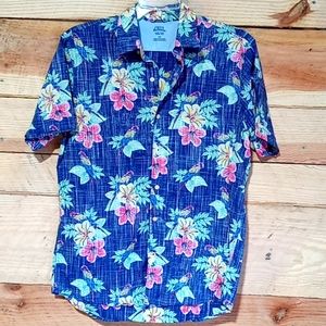 Izod Saltwater Floral Hawaii Button Doen Shirt Men's Parrot Short Sleeves EUC